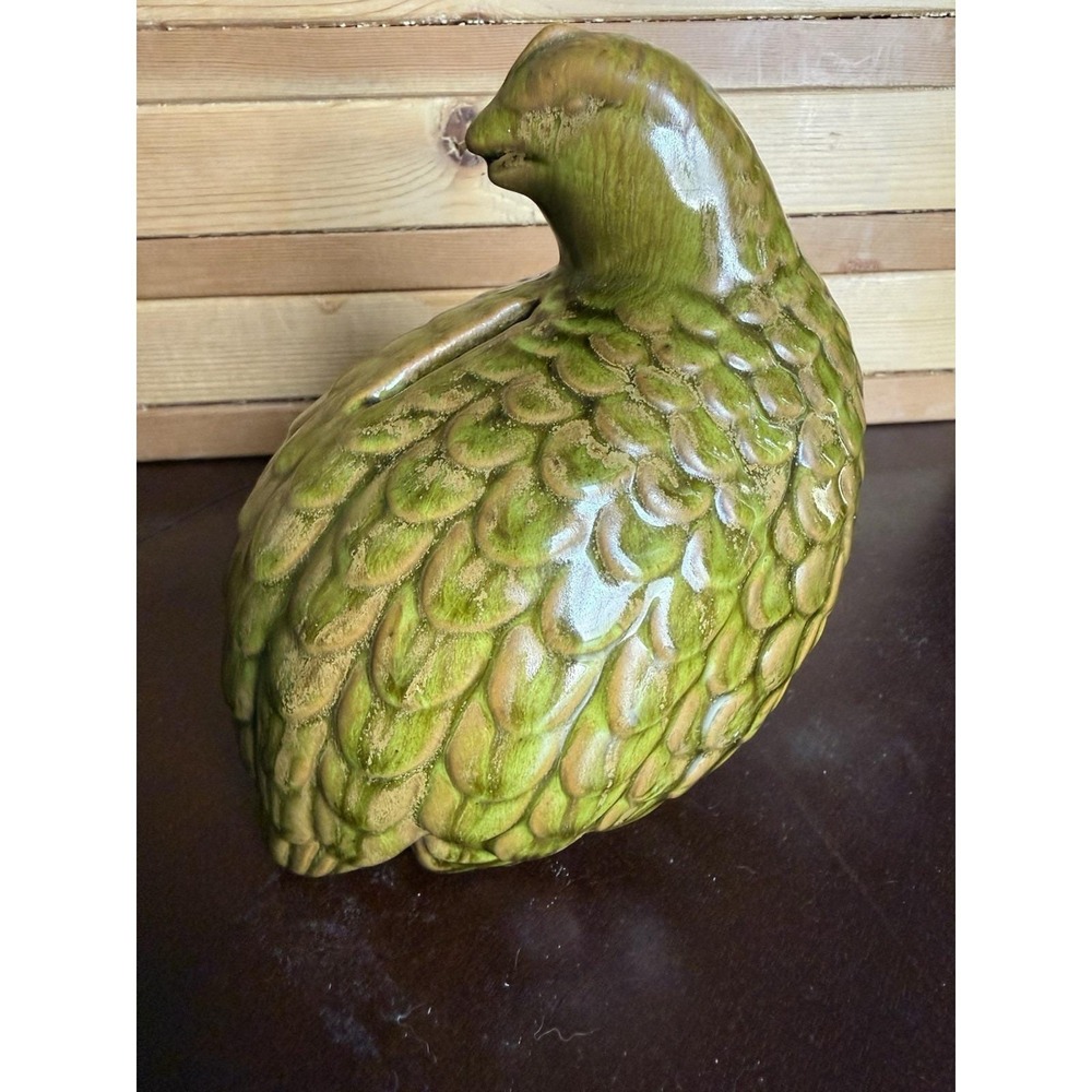 Vintage Mid-Century Ceramic Quail Coin Bank – Green Glazed